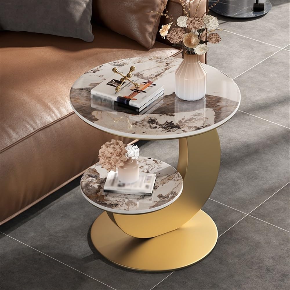 Side End Table Double-Layer Marble Side Table - Modern Minimalist Round Coffee Table, Creative Sofa Corner Table for Living Room, Balcony Accent Coffee Table for Living Room Bedroom Office(Gold)