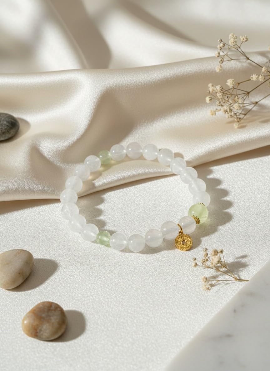 Natural Crystal Beaded Bracelet with Rose Quartz, Green Jade Accents, Gold Chinese Coin Charm, Elastic Stretch Design