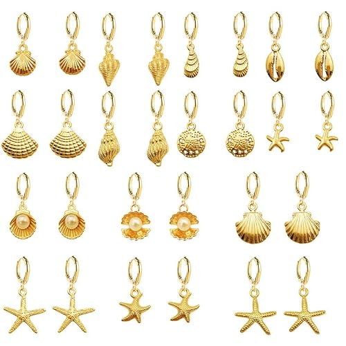 14 Pairs Boho Seashell Conch Earrings Set for Women Gold Plated Charm Starfish Cowrie Shell Pearl Sea Ocean Animal Hoop Earrings Bohemian Summer Beach Holiday Fashion Jewelry Gifts (Shell Set)