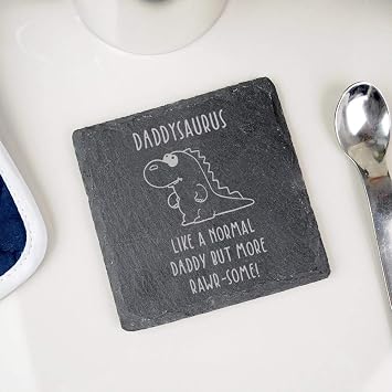 eBuyGB Daddysaurus Square Slate Coaster, Dinosaur Coaster, Dad Birthday Gift, Present for Daddy, Engraved Drinks Coaster