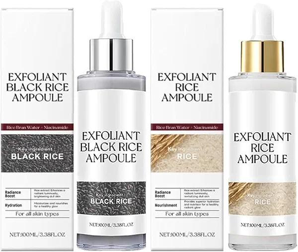 2 Pcs Rice Exfoliating Ampoule Set, Black and White Rice Peeling Ampoule, Soft Exfoliating Face and Body Scrub, Gentle Peel & Pore Care & Deep Hydration(White+Black)