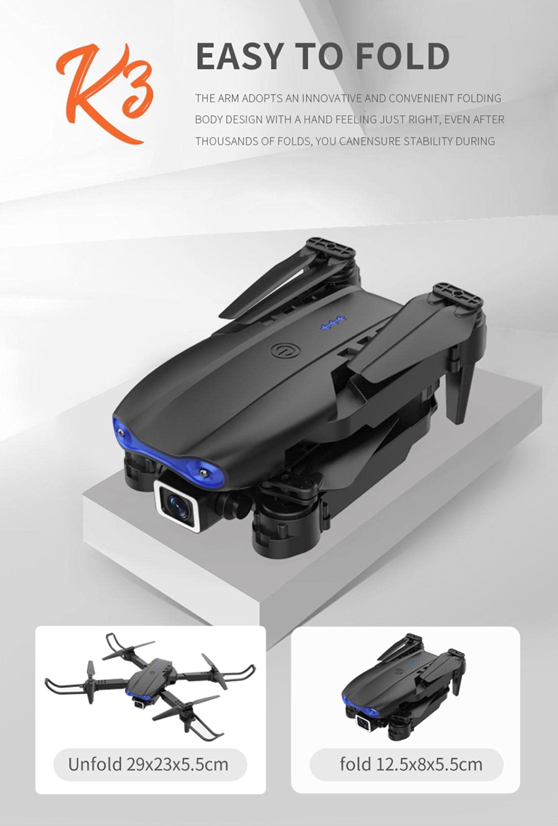 K3 Drone avec CaméRa 4K HD WiFi FPV TéLéCommande WiFi App, avec ContrôLe Gestuel,Vol De Trajectoire, 360°Flips pour Les DéButants Et Les Enfants (Noir)