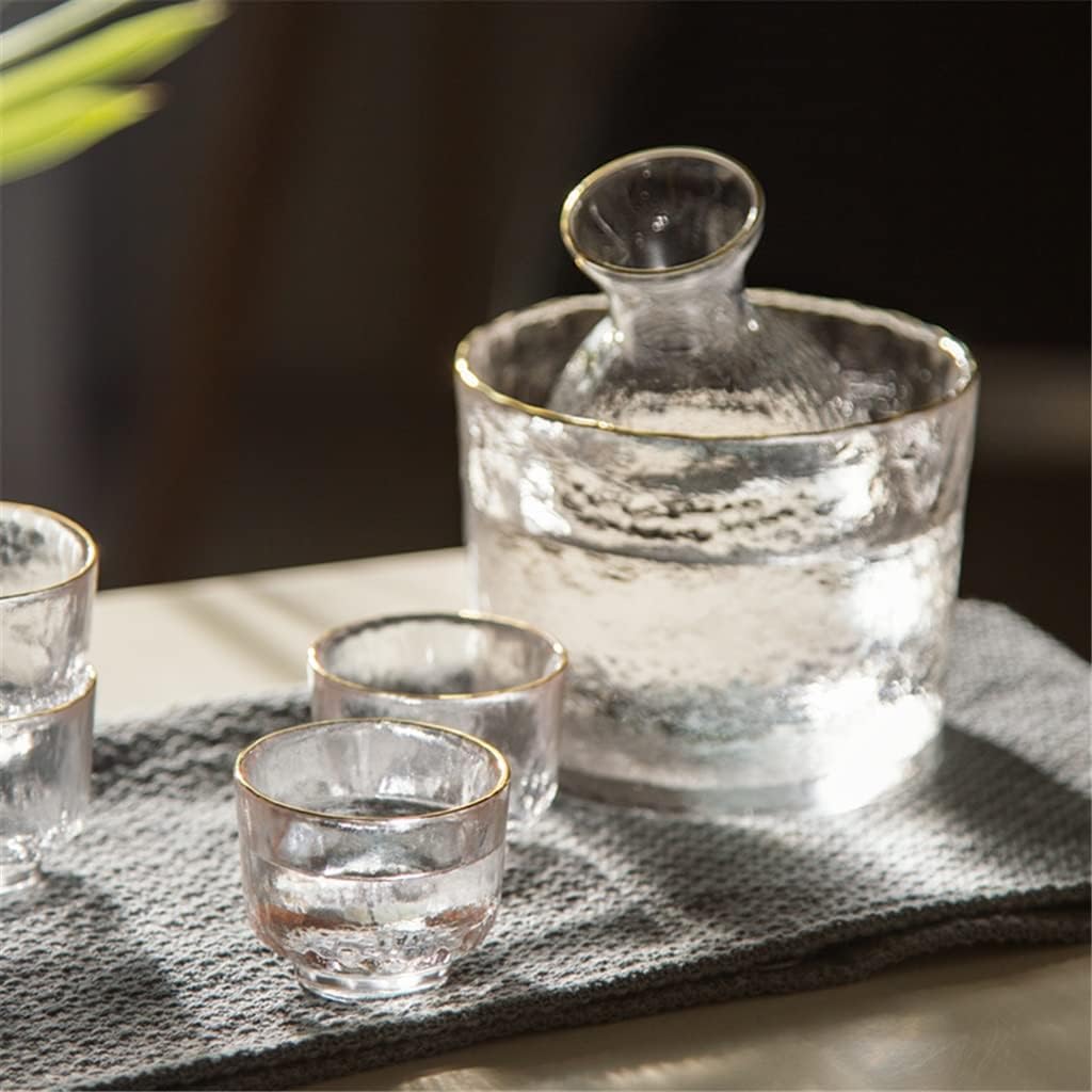 Japanese Sake Set Hammer Pattern Glass Gold Rimmed Cup Wine Warmer Cup Tequila Pot Whisky Cup Wine Set (Color : Clear, Size : 1 Set) (Clear 1 Set)