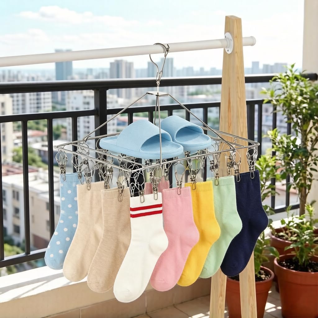 2 Pack Stainless Steel Sock Drying Racks with 80 Clips, 360° Rotatable Hanging Laundry Organizer for Hats, Scarves, Bras, Baby Clothes, Underwear, Herbs, Towels, Gloves and Clothing Accessories