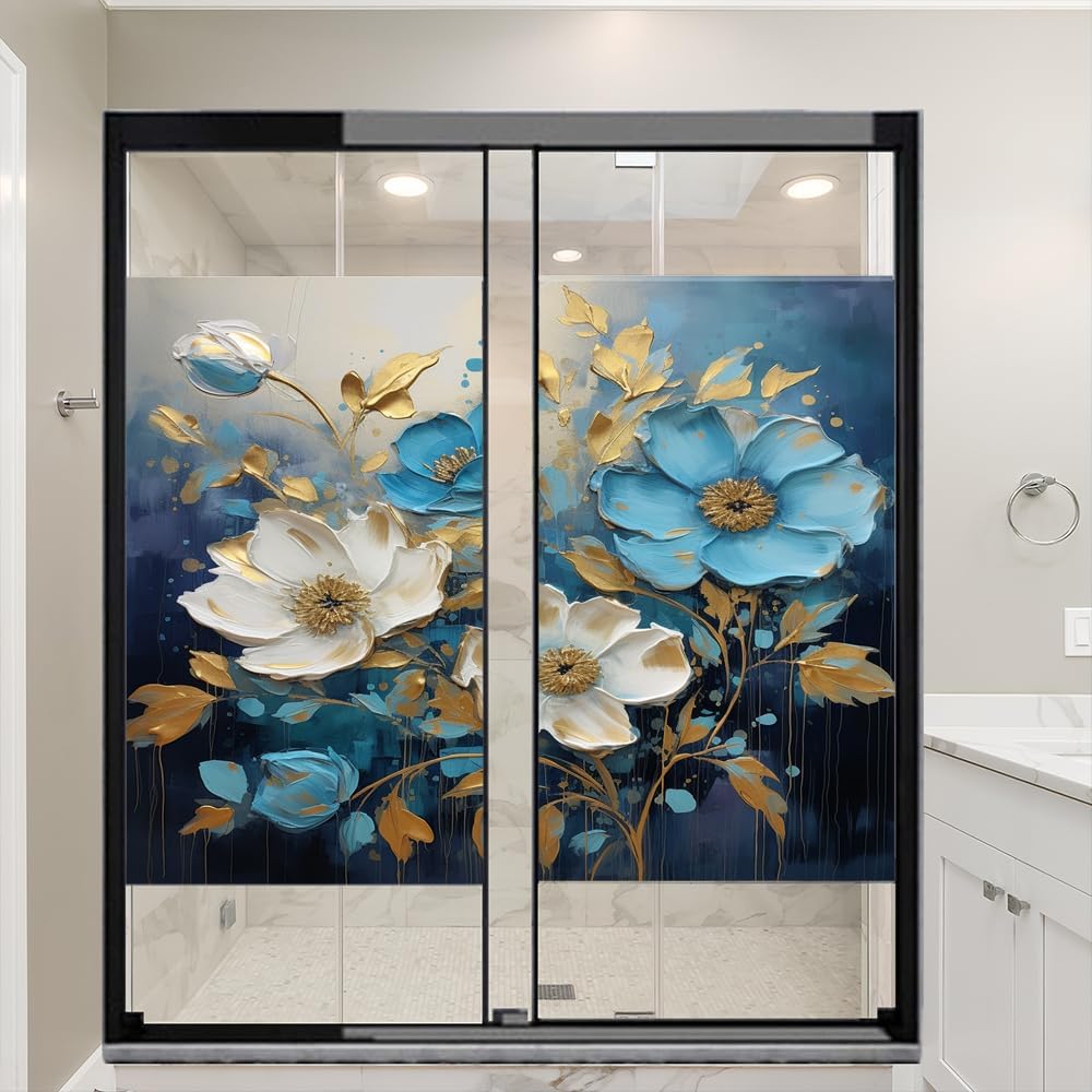 Minimalist Plants Window Film Coverings White Painting Gold Leaf Modern Window Privacy Film Self-Adhesive Glass Film Decorative Sticker Frosted Film for Home Office 35.4Wx55.1L-inch x2 Pcs