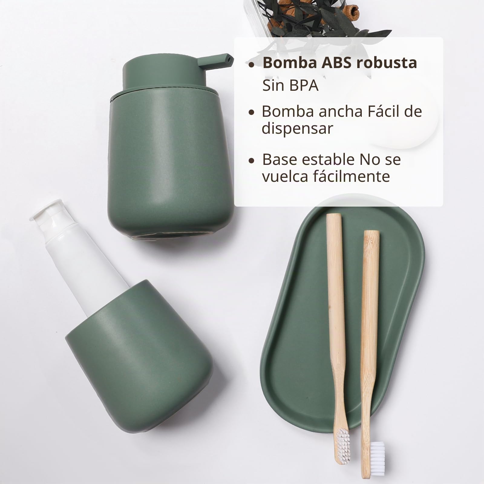 Juego de baño verde, juego de accesorios de baño de 3 piezas de cerámica, accesorios de baño decorativos que incluyen dispensador de jabón, vaso para cepillos de dientes y bandeja de baño