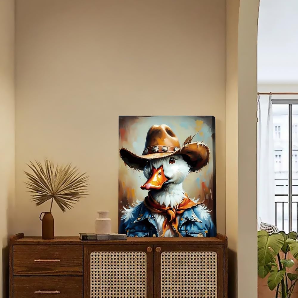 Funny Cowboy Duck Bathroom Canvas Wall Art,Western Cowboy Trendy Wall Art Decor,Vintage Animal Wild Duck Picture Decor,Art Farmhouse Animal Painting Poster Print Artwork for Bedroom (Framed,12X16in)