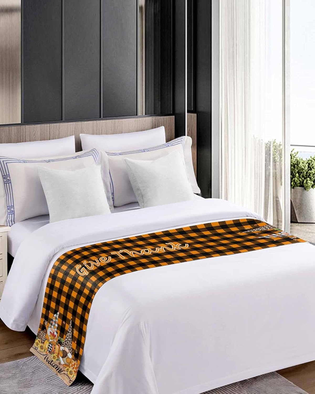 Thanksgiving Bed Runner Scarf Fall Maple Leaf Gnome Thanksgiving Day Black Orange Plaid Bedding Scarf Decorative Bed Runner for Bedroom Hotel Wedding Room Bed Scarf for Foot of Bed Queen 83x20in