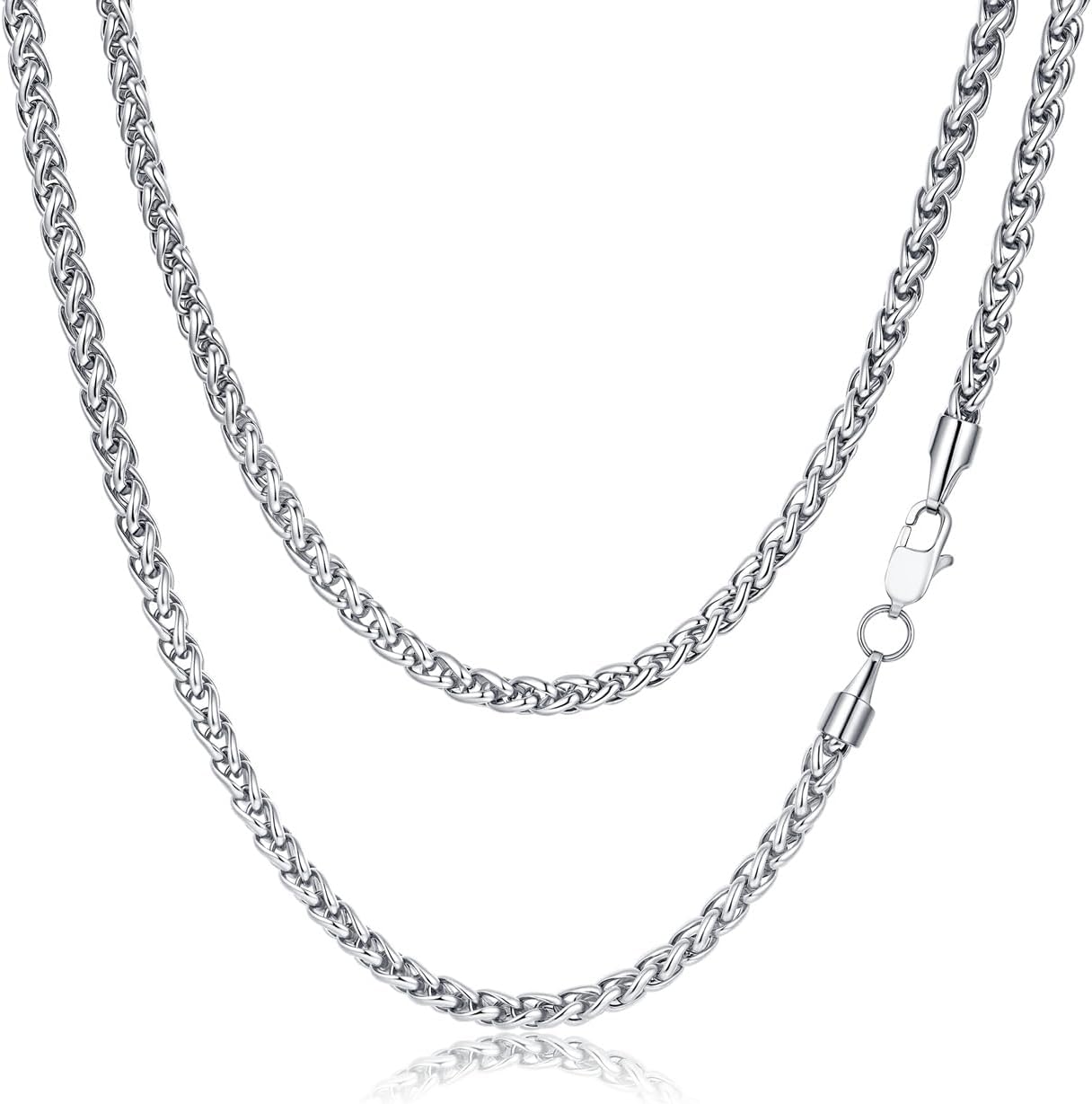 Silver Wheat Chain Necklace for Men and Women, Stainless Steel Chains for Men, 2.5mm 3mm 4mm 5mm Mens Necklaces
