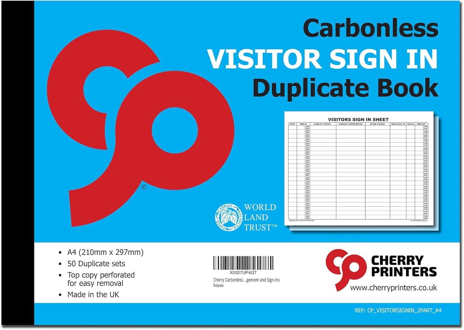 Cherry Printers Carbonless Visitor Sign in Duplicate Book A4 | 50 Duplicate Sets | Top Copy Perforated for Easy Removal | Professional Record Pad for Visitor Management and Sign-Ins | 20 Pack