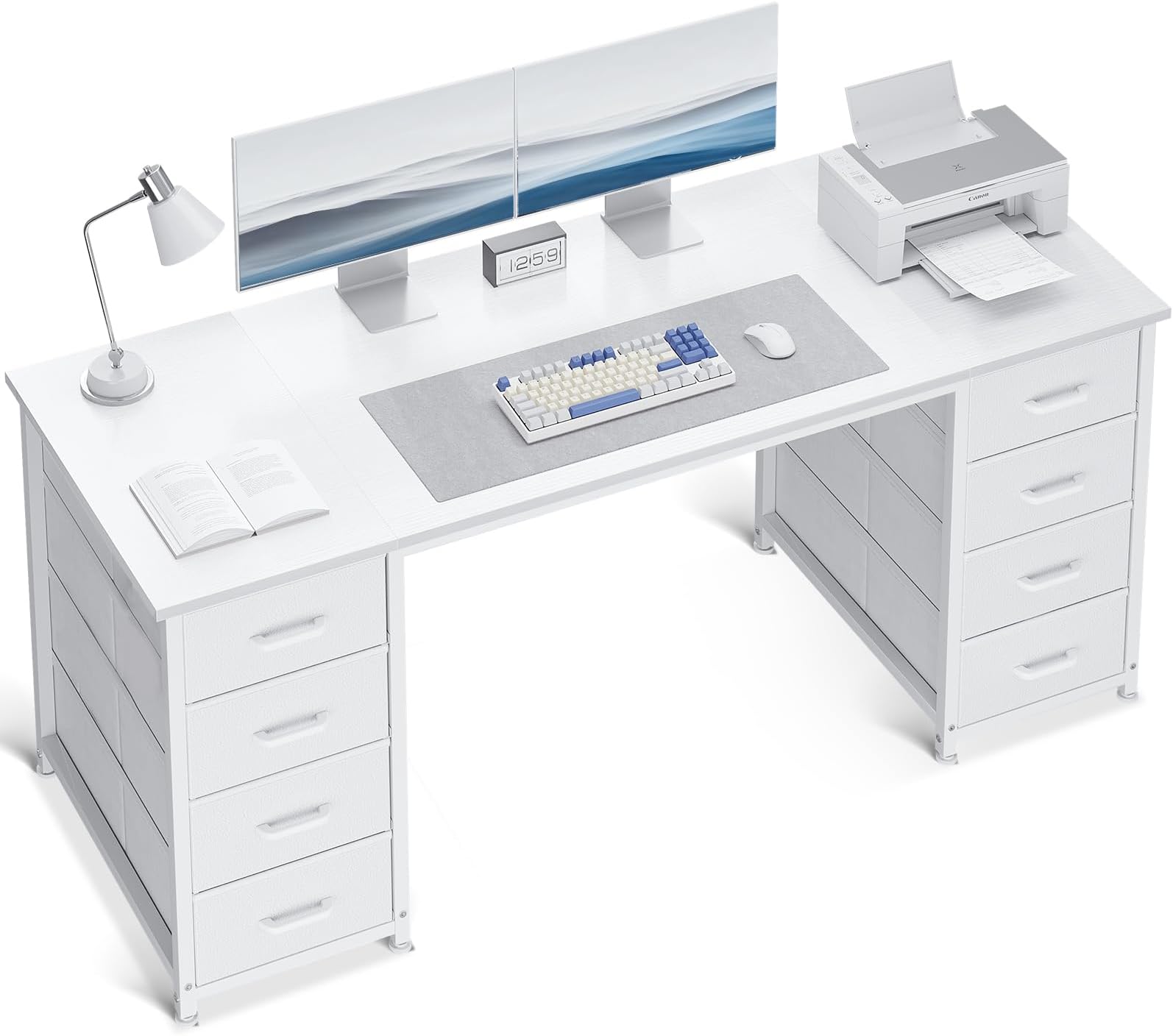 ODK 55 Inch Computer Desk with 8 Fabric Drawers, Modern Office Desk with Large Storage for Home Office, Study, Gaming, White