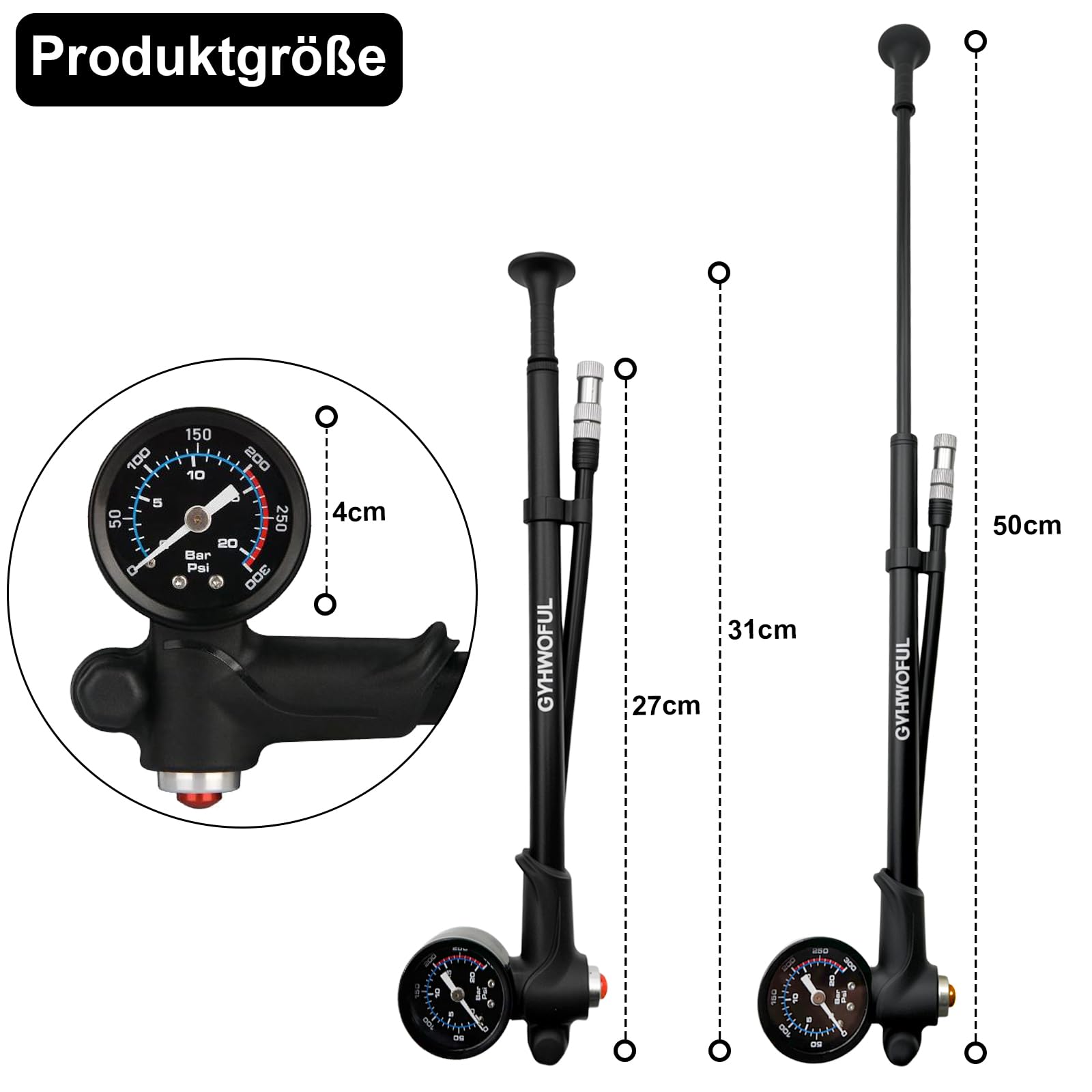 Pompe Haute Pression VTT 3 en 1 – Jusqu’à 300 PSI – Pompe à Fourche, Suspension Arrière et Pneus – avec Manomètre Précis, Bouton de Purge et Tuyau Rotatif – Pompe Portable en Aluminium