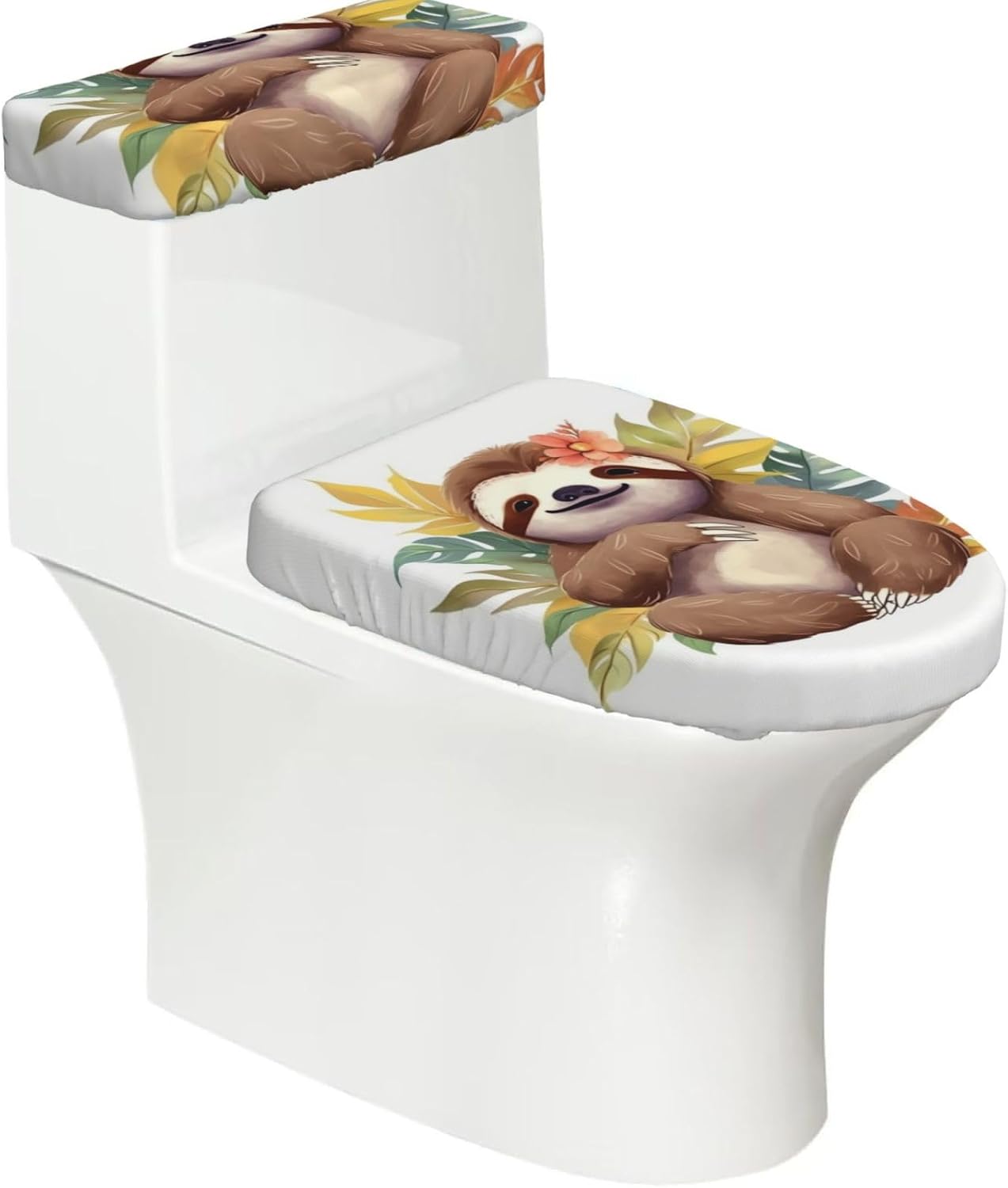 2 Pcs Toilet Lid Cover and Toilet Tank Lid Cover, Washable Toilet Cover with Elastic Bottom Replacement Soft Stretch Toilet Seat Cover Set Cute sloth Leaves Bathroom Decor