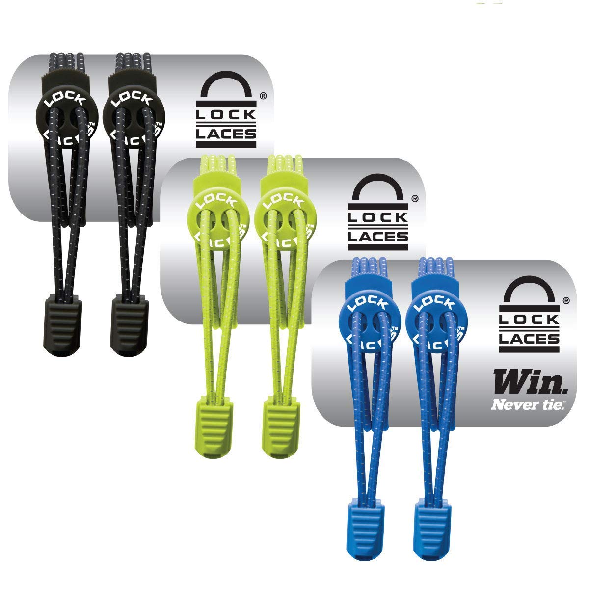 LOCK LACES - Cordones elásticos sin nudo, para zapatillas - 3 pares (Negro-Verde-Azul)