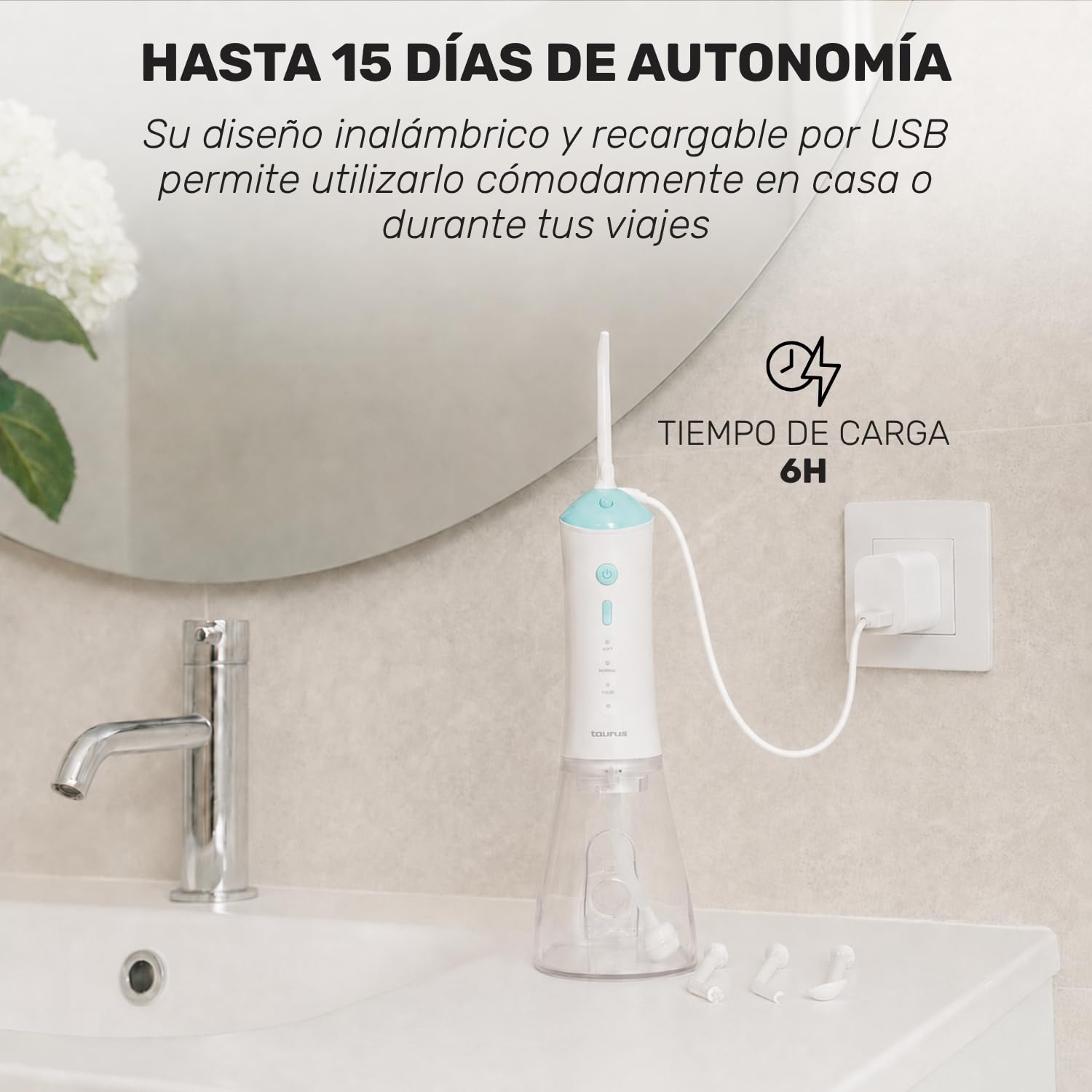 Taurus - Irrigador Bucal Portátil 9W, 340ml, IPX7, 3 Modos, 4 Boquillas
