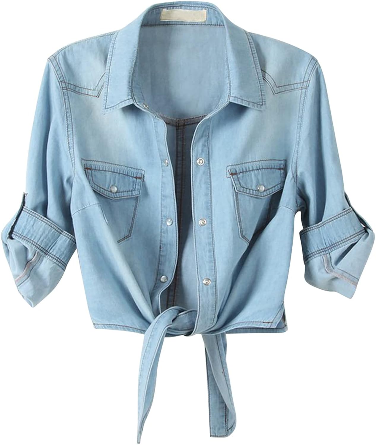 Women's 3/4 Sleeve Front Tie Shirt Denim Shirt Crop Cardigan Jean Crop Top Chambray Knot Shirt