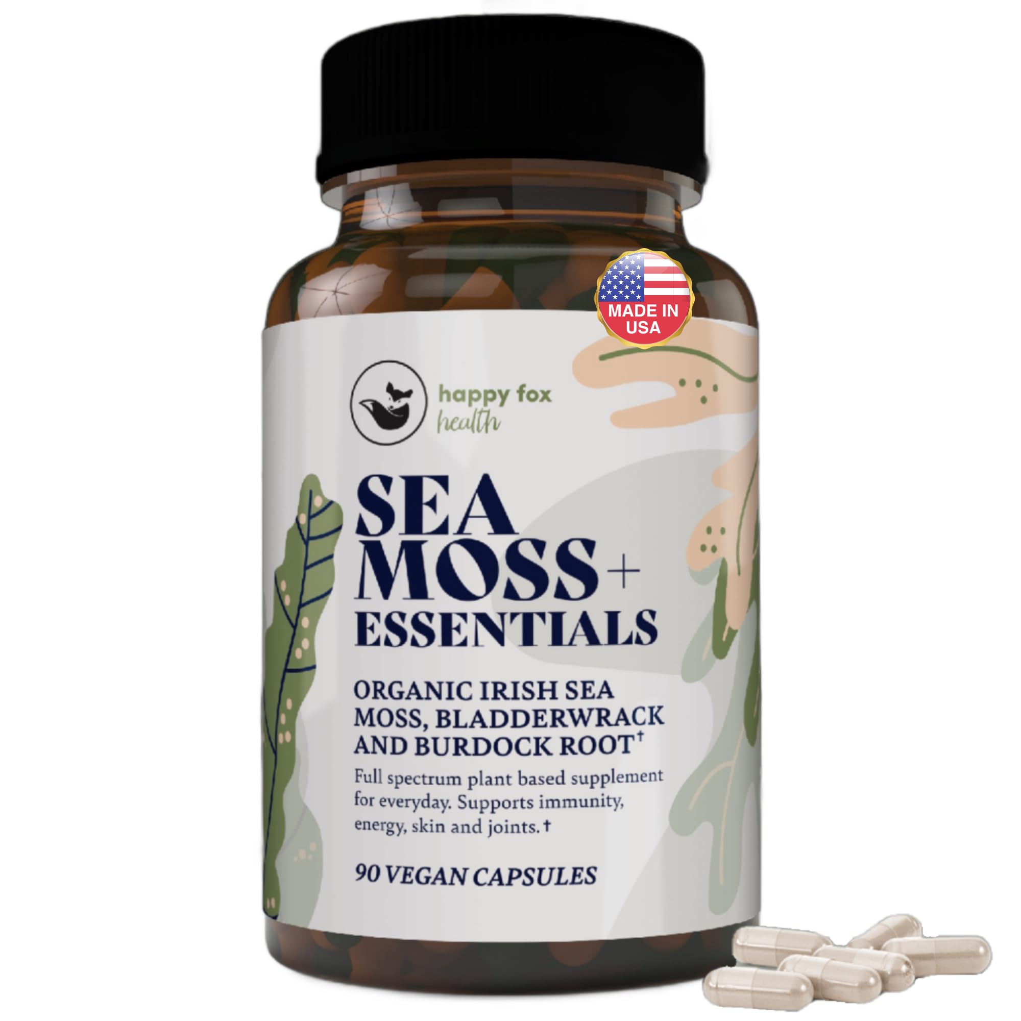 HAPPY FOX Sea Moss Capsules - Burdock Root, Bladderwrack & Irish Sea Moss Capsules Organic, No Fillers, 90 Vegan Caps - Made in USA Seamoss Pills - Alternative to Sea Moss Gummy, Sea Moss Powder