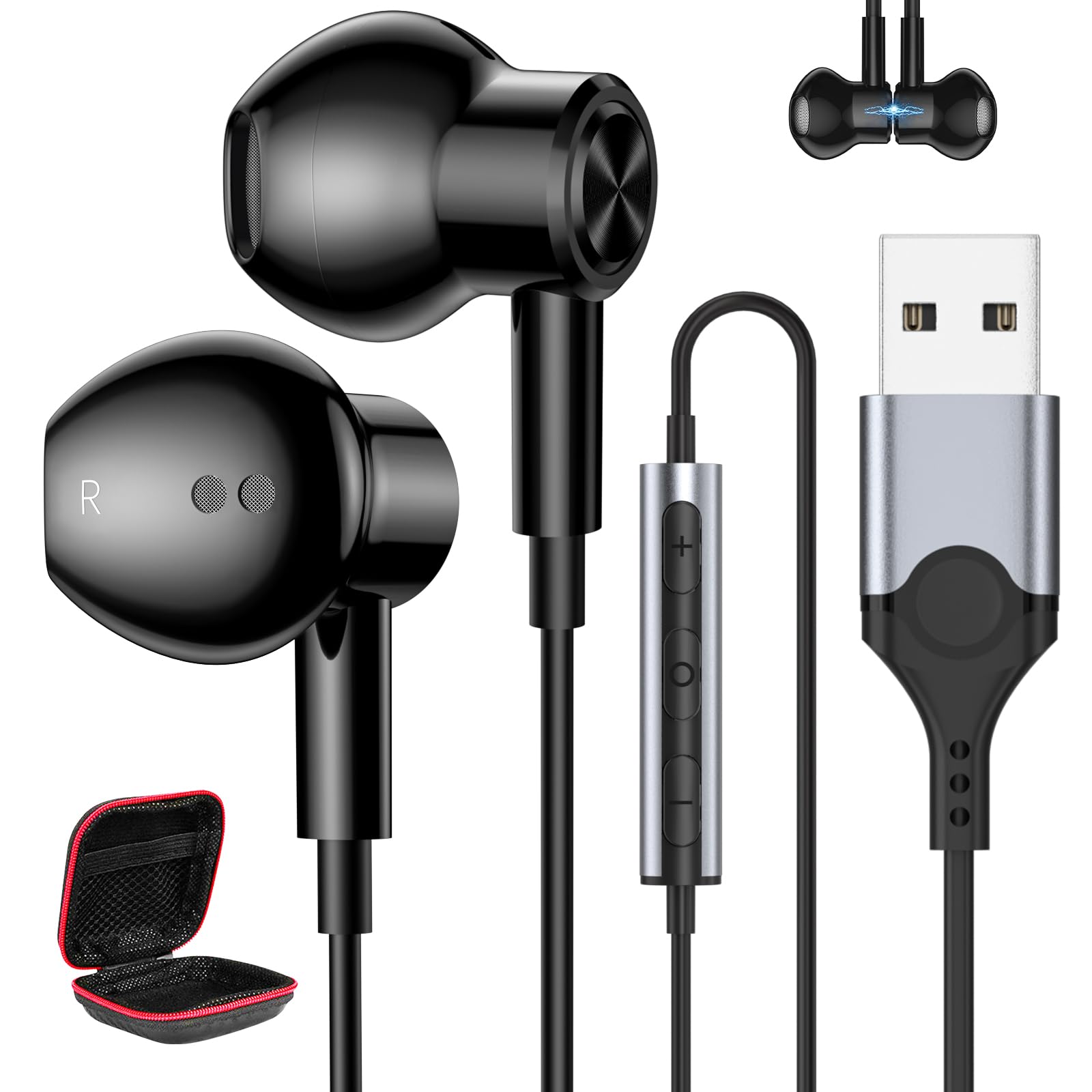 MACLE イヤホン USB マイク付き PC パソコン用 イヤホン 有線 ヘッドセット 磁気設計 通話対応 HIFI音質 音量調整 2.3M長 Type-A テレワーク/Web会議 在宅勤務 ゲーミング用 イヤフォン usb接続 対応windows/Mac/PS4/デスクトップ/ノートパソコン/Linux/Surface Proなどと互換性あり インナーイヤー型 軽量 収納ケース付き 黒色