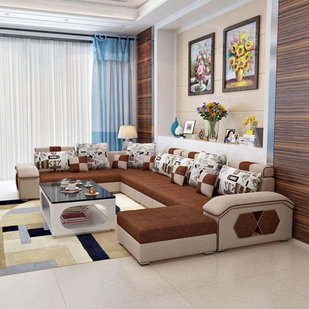 Torque - Silvester 12 Seater Sofa Set for Living Room (Right Side, Beige & Brown) | Interchangeable U Shape Sectional Sofa with Puffy and Stool for Guest Room
