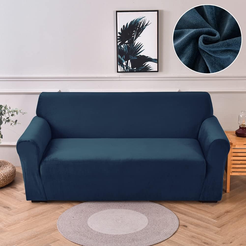 Premium Velvet Sofa Cover One Piece Scratch Resistant Fleece Fabric Durable Softness Couch 2 Seater Decorative Slipcover Covers Solid Color Modern Elastic Wrap Protector Royal Blue 57"-72"