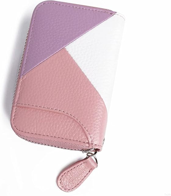 Womens Credit Card Holder Wallet Zip Leather Card Case RFID Blocking Ladies Small Blocked Accordion Wallets with Stainless Steel Zipper Woman Compact Accordian ID Cards Bag (Pink/ Purple/ White)
