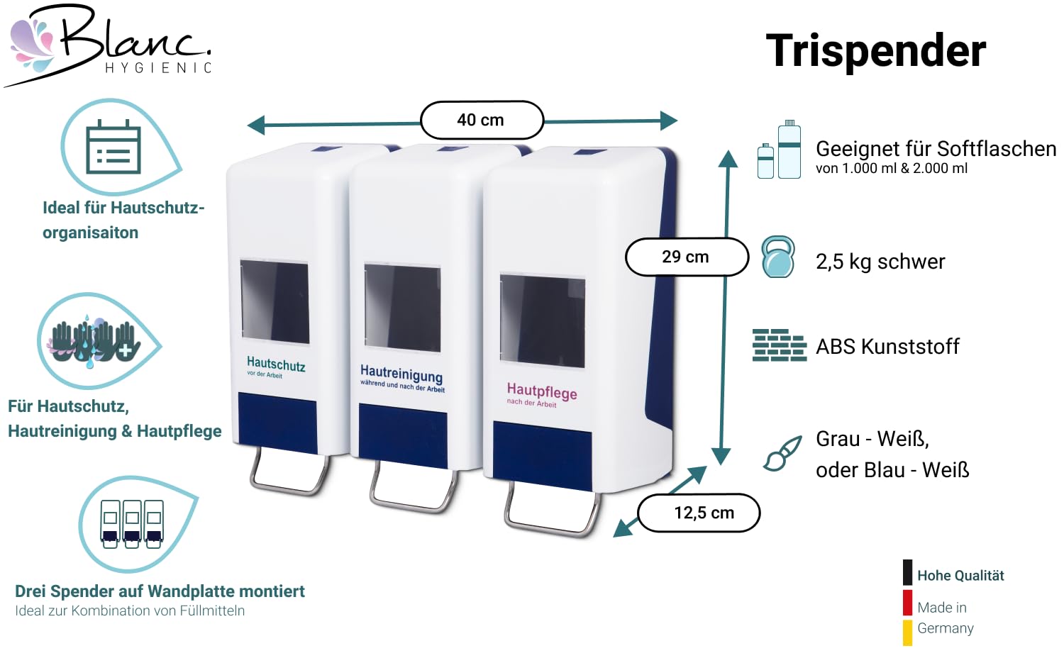 Softflaschenspender Tri 1–2 Liter Weiß-Grau | 3-fach Spendersystem, ideal für Hautschutzpläne, für 1- & 2-Liter-Softflaschen