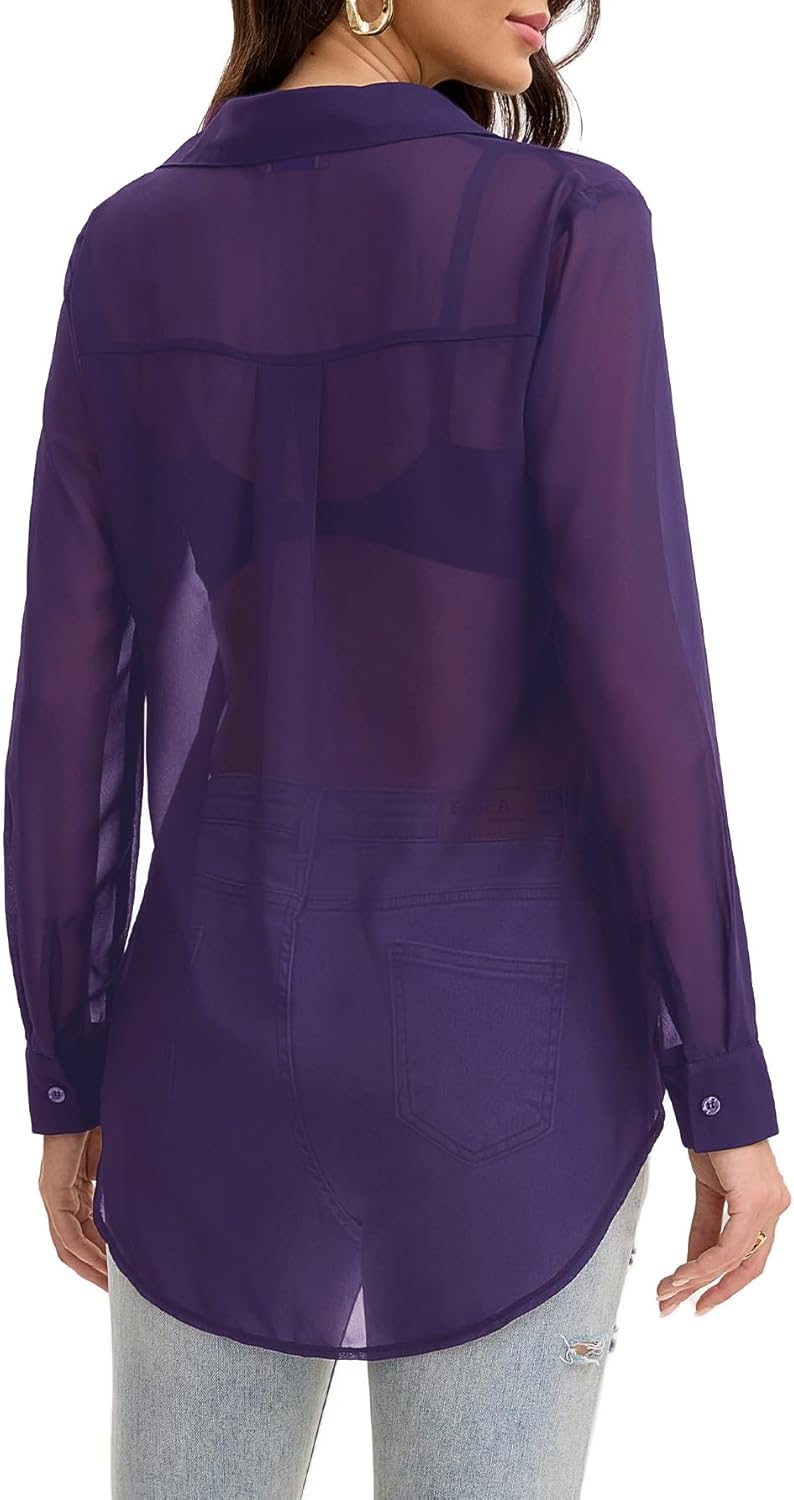 Women Sheer Mesh Button Up Shirt Long Sleeve Sexy See Through Tops Fashion Trendy Mesh Shirts Tops - Image 3