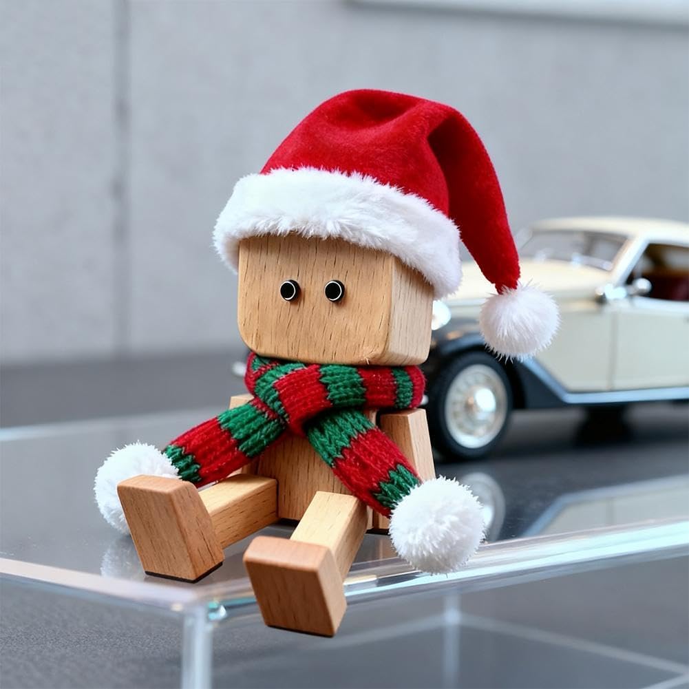 Shaking Wooden Man Figurine,Christmas Shaking Feet Wooden Doll with 12PCS Magnetic Expressions,Car Dashboard Decoration,Funny Desktop Decor,Gifts for Family Wife Daughter