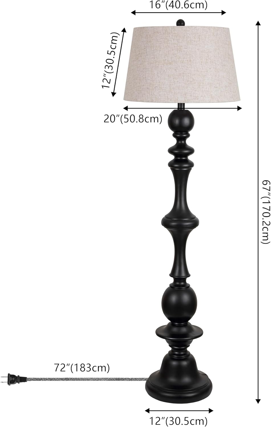 JONATHAN Y 67" Black Resin Candlestick Floor Lamp Farmhouse Rustic Traditional Standing Lamp for Living Room with Beige Linen Empire Shade LED Bulb Included JYL3000B