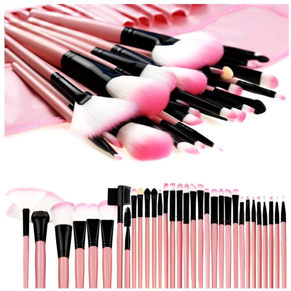 Makeup Brushes, Makeup Brush Set, 32 PCS Profesional Wooden Handle Synthetic Cosmetics Makeup Brush Kit with Leather Case, Foundation Eyeliner Blending Concealer Mascara Eyeshadow Face Powder (Pink)