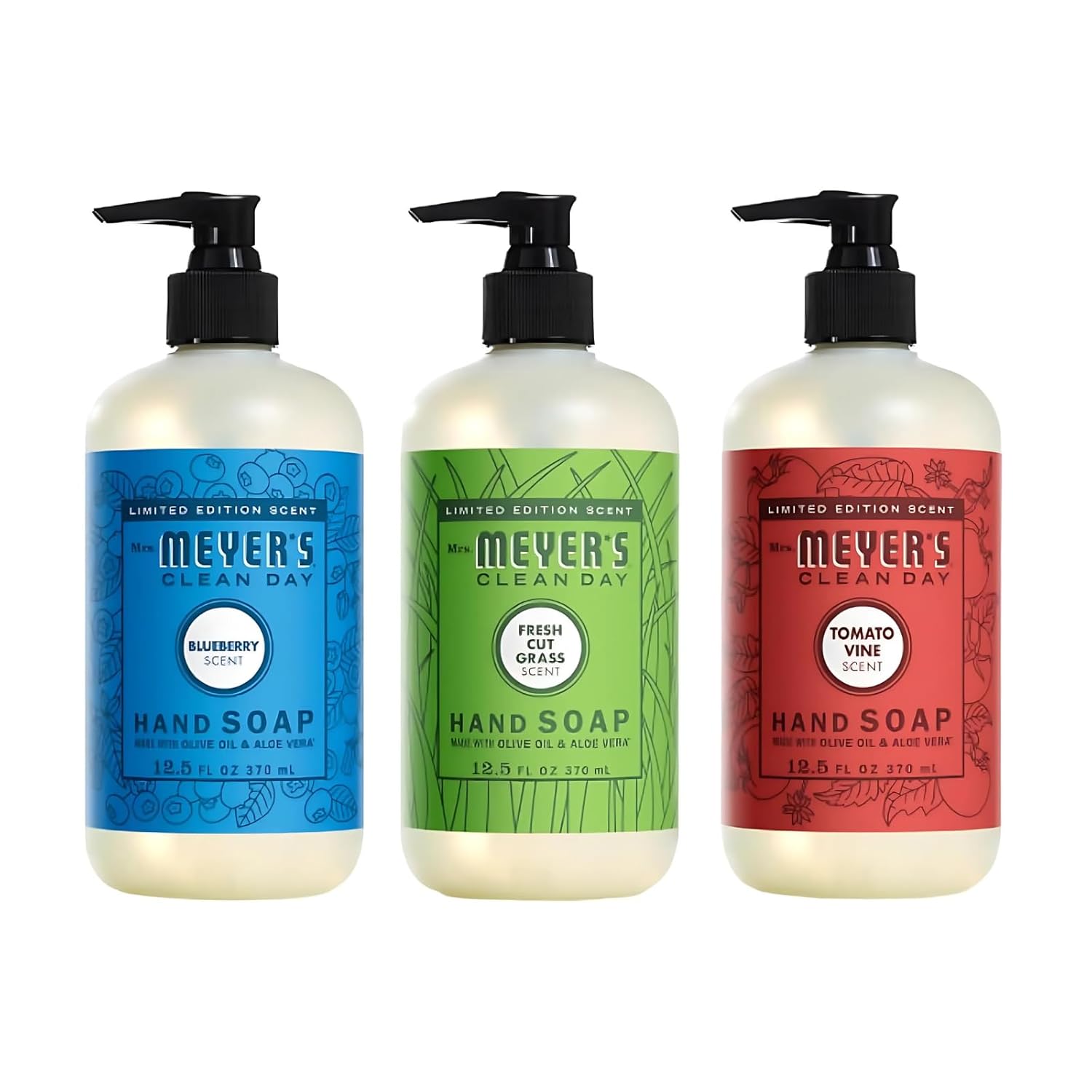 Mrs. MEYER'S Clean Day Liquid Hand Soap 12.5 FL OZ Each, Fresh Cut Grass, Tomato Vine, Dandelion, Blueberry, 1 CT (Variety Pack)