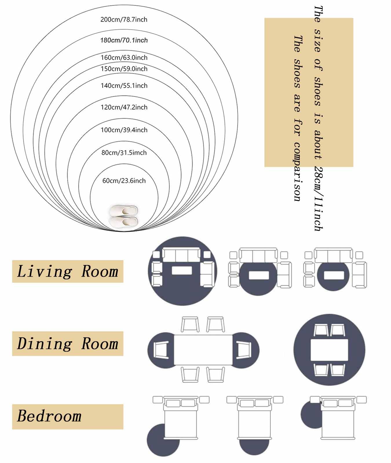 Tapis géométriques pour Chambre à Coucher Cercles Beige Gris 60cm 80cm 100cm 120cm 140cm 160cm 180cm 200cm Tapis Moelleux Salon café