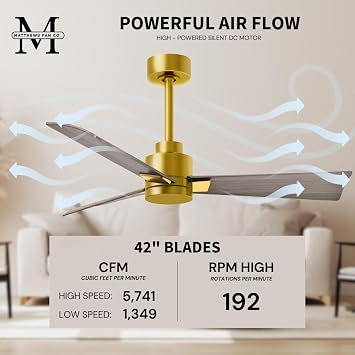 Matthews AK-BRBR-GA-42 Alessandra Wet Rated 42 Outdoor Ceiling Fan without Light, Remote Included, Silent DC Motor, Brushed Brass with Gray Ash Tone