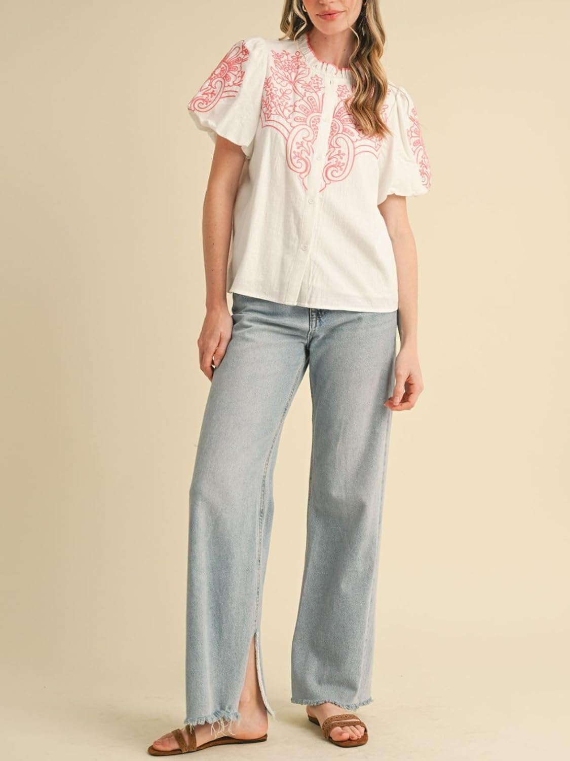 Womens Floral Embroidered Button Down Bubble Sleeve Top High Ruffled Neckline Blouses Shirts - Image 6