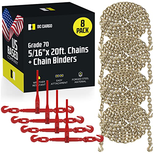 DC Cargo Chain Binder Kit (4 Sets) | 5/16" Grade 70 Extra Long 20 Foot Chain - and Load Binder Set | Heavy Duty Ratcheting Chain and Binder | Load Chain and Binders – 4,700lb Working Load Limit As Set