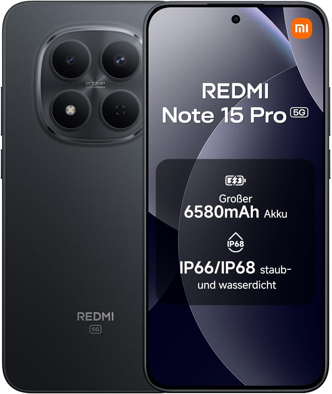 XIAOMI REDMI Note 15 Pro 5G Smartphone 12+512GB, 6580mAh, 200MP, Schwarz | Handy mit Android, IP66/IP68 Staub- und Wasserschutz, Neue 200-MP-Kamera, 6.77" AMOLED-Display, 2 Jahre Garantie