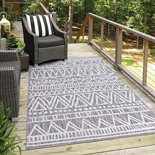 carpet city Outdoor-Teppich Wetterfest Balkon Terrassen - Grau in 60x110 cm - Deko Teppiche Außen Wasserfest - Balkondekoration Ethno-Optik Wohnzimmerteppiche