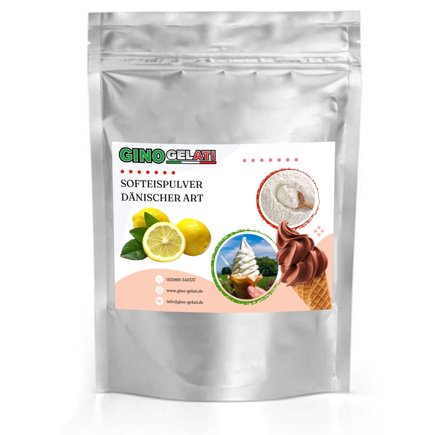 Gino Gelati Dänisches Softeis Pulver, fruchtiger Geschmack, verschiedene Geschmacksvarianten, schnell und einfach Zubereitet, Made in Germany, Eis selber machen (1 Kg, Zitrone)