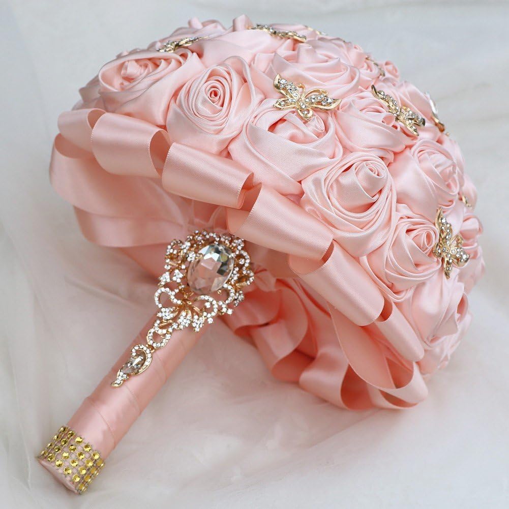 Hrippy Bouquet Sposa con Rose Artificiali in Raso E, Realizzate a Mano, Mazzolino Floreale per Matrimoni, Compleanni E Cerimonie.