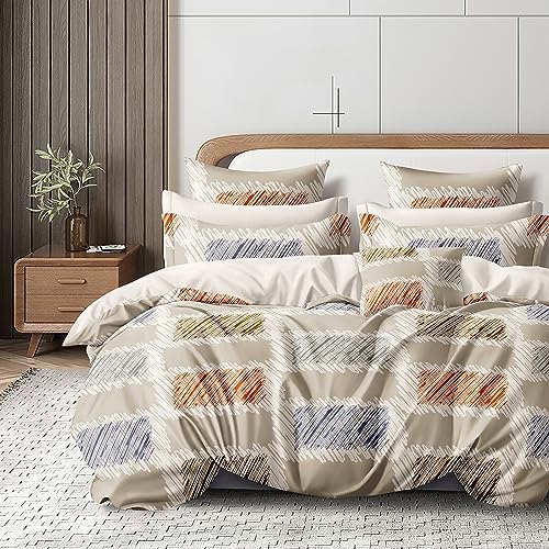 Cortina 140 TC 100% Microfiber Printed Double Bedsheet Set with Two Pillow Case | Queen Sheet Set|Breathable and Skin Friendly| (90x100 Inches, Striped - Beige)