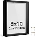 8x10 Shadow Box Frame | Soft Linen Back & Push Pins Included, Polystyrene Glass Memory Display Case for Flowers, Tickets & Cherished 3D Items, Black