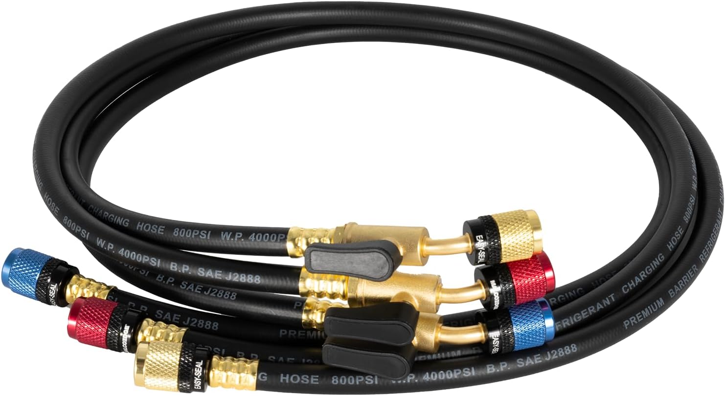 MalcoEdge ESBV6014 Easy Seal HVAC Hose Set | 60-Inch Refrigerant Charging Hose with 1/4 SAE Fittings & Integrated Ball Valve | HVACR Servicing Tools