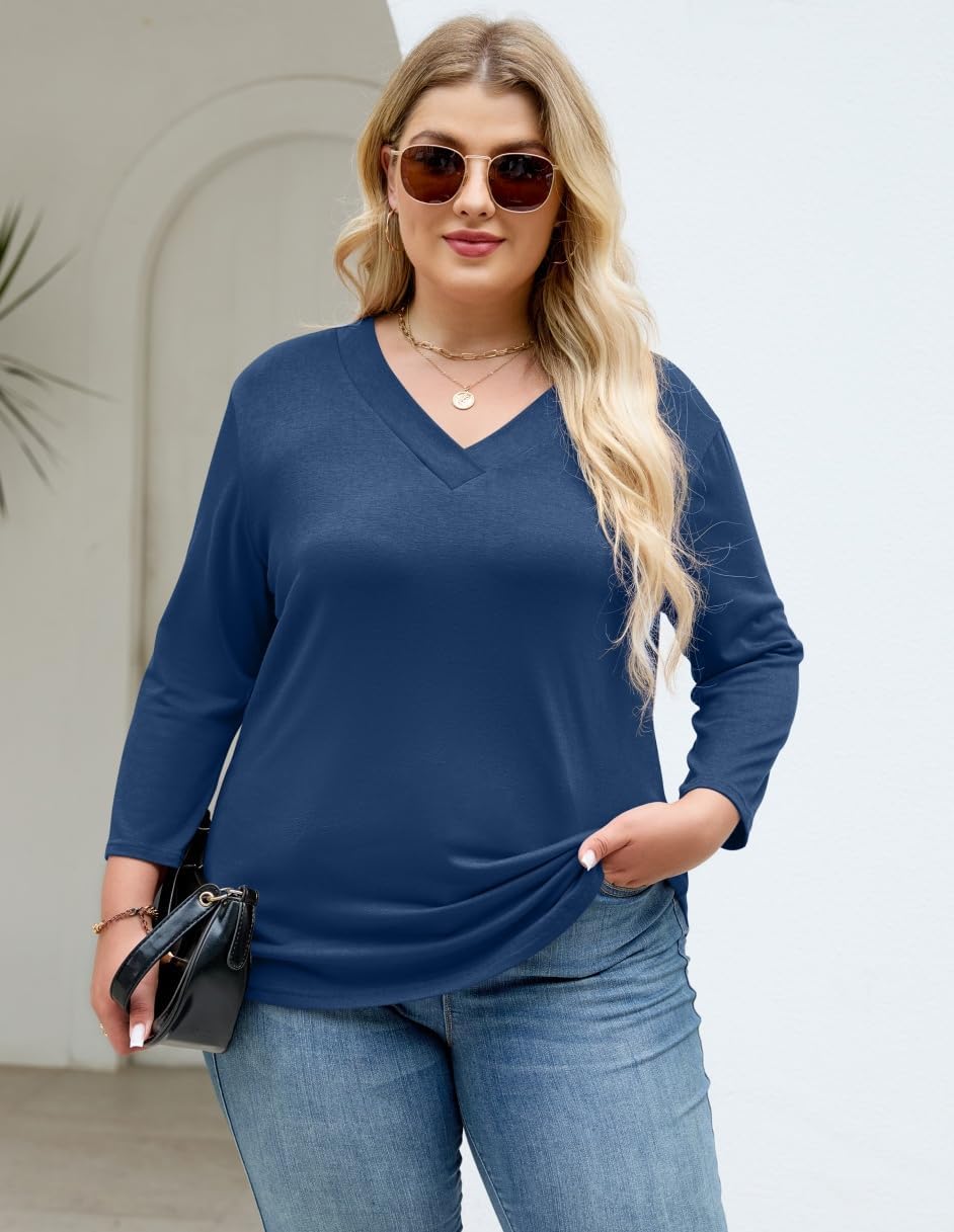 Plus Size Tops for Womens 3/4 Sleeve V Neck Casual T Shirts Loose Fit Tunic Blouse - Image 4