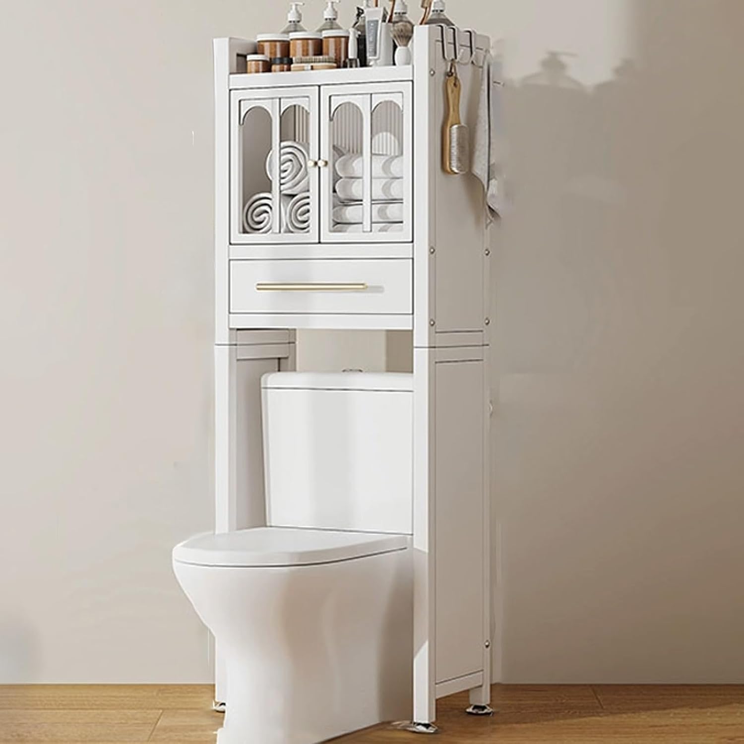 Over The Toilet Storage Cabinet, Metal Bathroom Cabinet Over Toilet, Bathroom Storage Cabinet with Acrylic Flip Up Door and Drawers, for Bathroom Washroom(White)