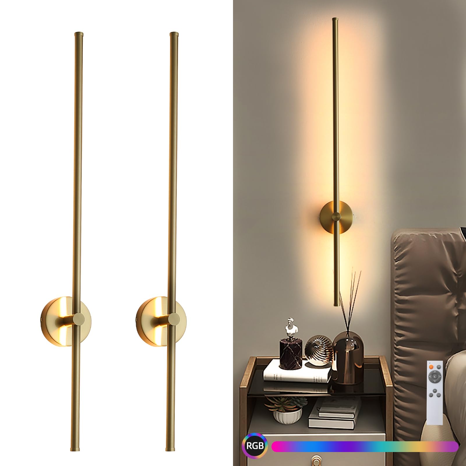 Modern Wall Sconce Set of Two, 3000K-6000K Dimmable Hardwired Gold Led Wall Sconce with Remote Control, 350° Swivel RGB Multicolor Ambience Lights for Living Room,Bathroom 39.4 Inch (2 Pack)
