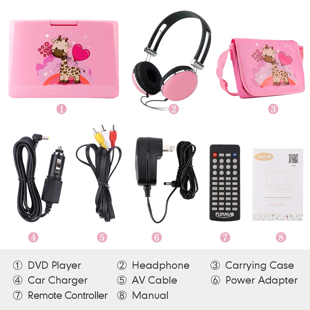 Lecteur DVD portable FUNAVO de 7.5”, écran pivotant, batterie rechargeable de 5 heures, casque et sac assorti, prend en charge les cartes SD, port USB, formats de lecture directe AVI /RMVB/ MP3 / JPEG