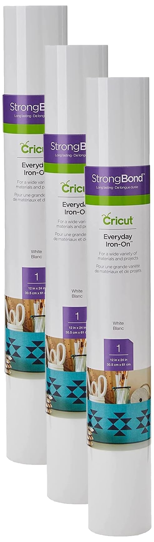 Cricut Everyday Iron On - White, 3-Pack of 2ft Rolls (12"x24"), 6ft Total - HTV Heat Transfer Vinyl for Shirts, Apparel, Hats &amp; More - Compatible with Maker &amp; Explore Machines