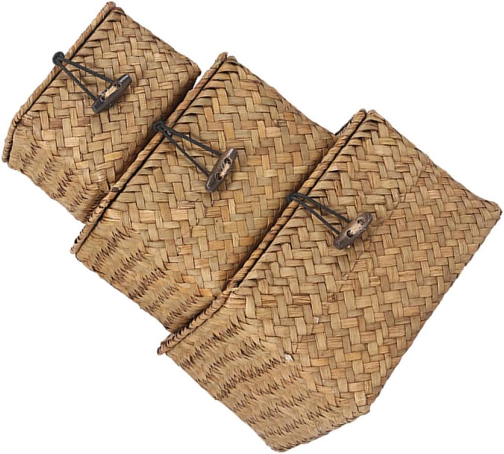 Straw-woven Storage Basket Set with Lid, 3 Pieces (large, Medium, Small) Seagrass Organizer Bins for Household Sundries and Desktop Storage