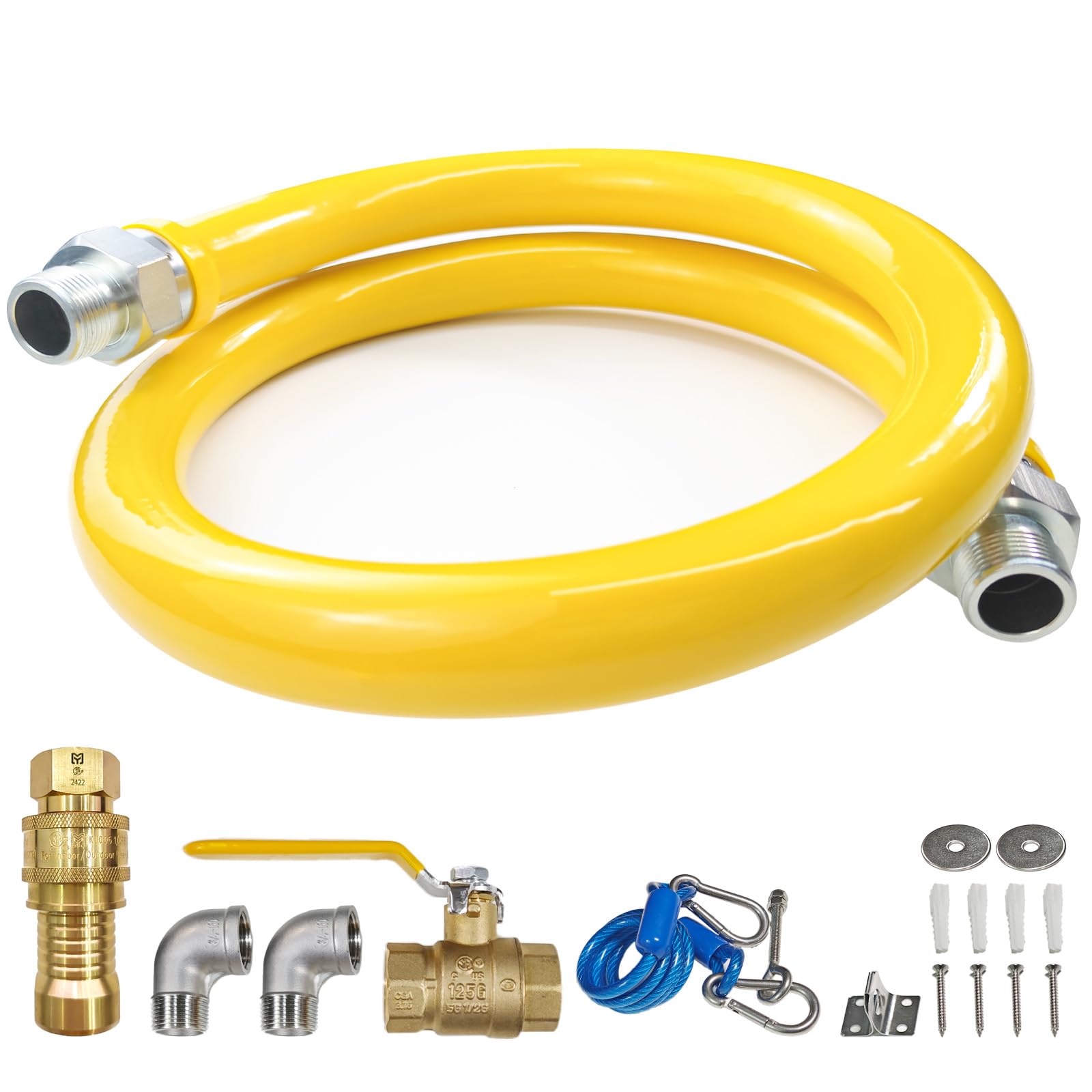 Safety System Kit, 3/4 In ID 36" Gas Hose Connector Kit with Elbows Quick Disconnect Gas Line Hose Full Port Gas Valve Restraining Device and Swivel Connector for Commercial