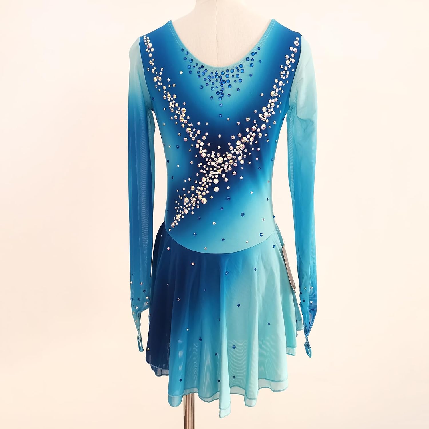 Girls' Blue Gradient Long Sleeve Figure Skating Skirt Professional Customized Competition Costume